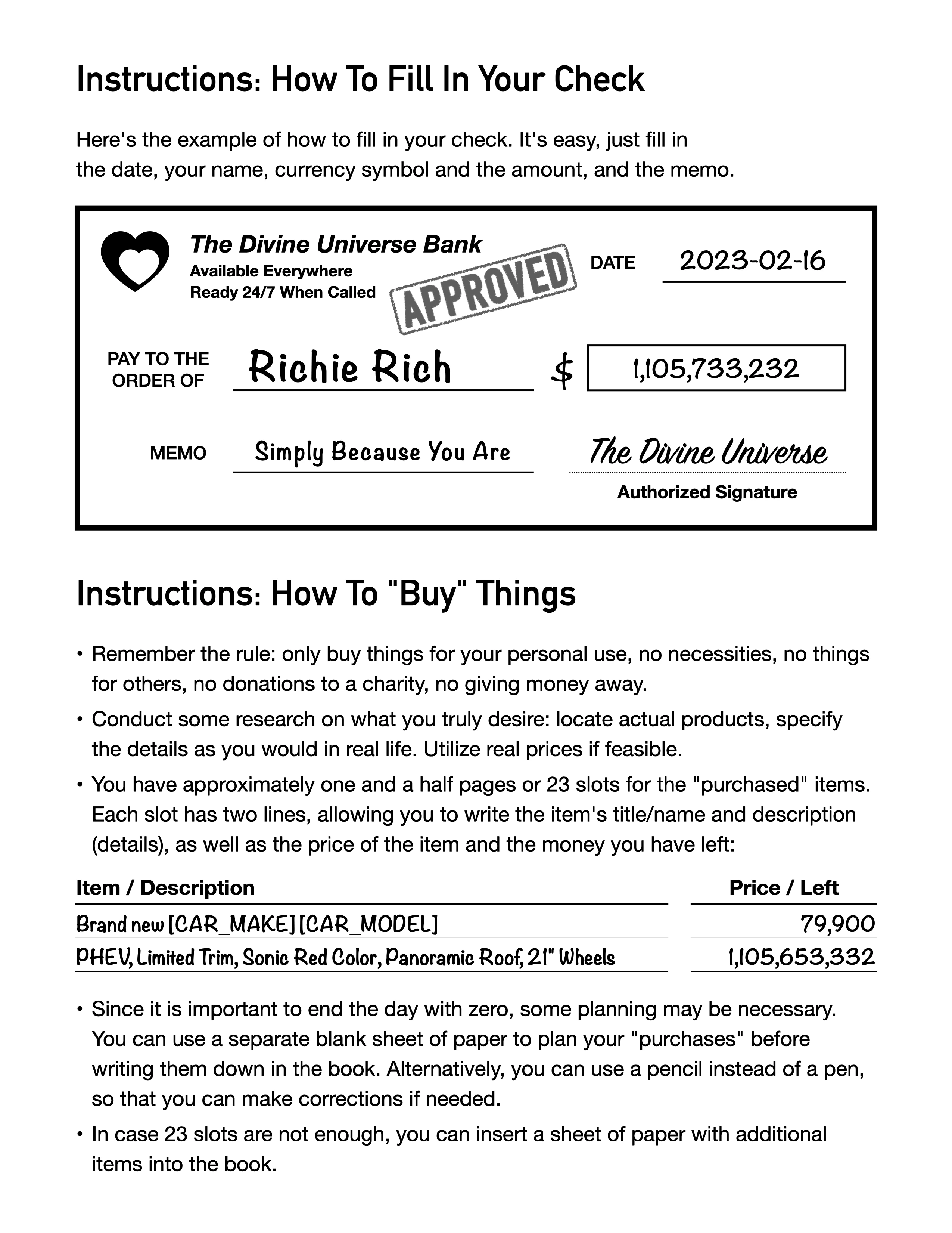 Instructions on how to fill in your check and buy things